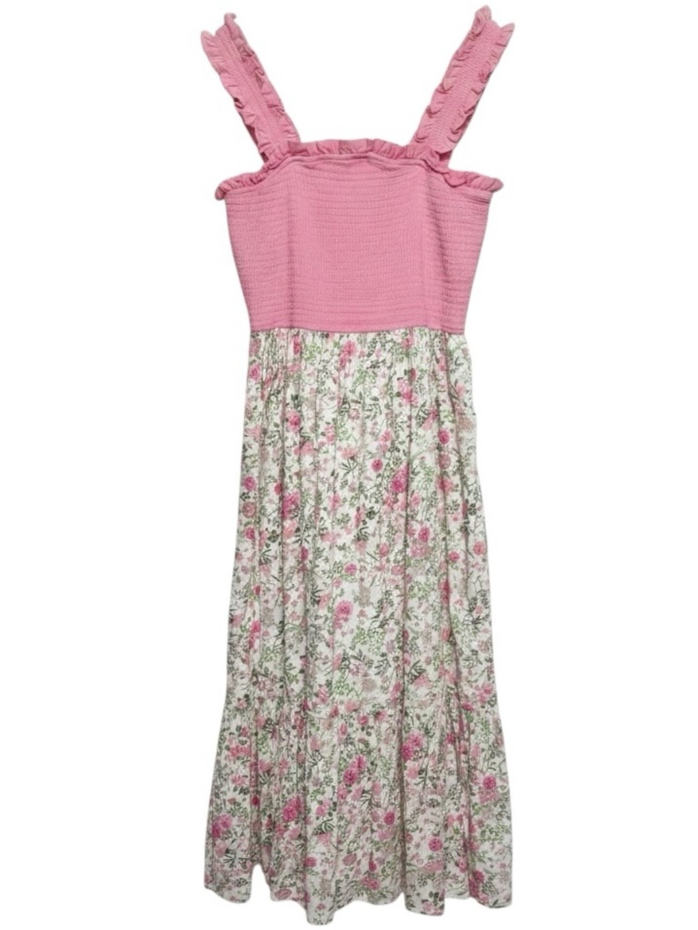 Beau & Ro Pink Floral Smocked Cotton‎ Midi Dress Ruffle Strap Cottagecore Large